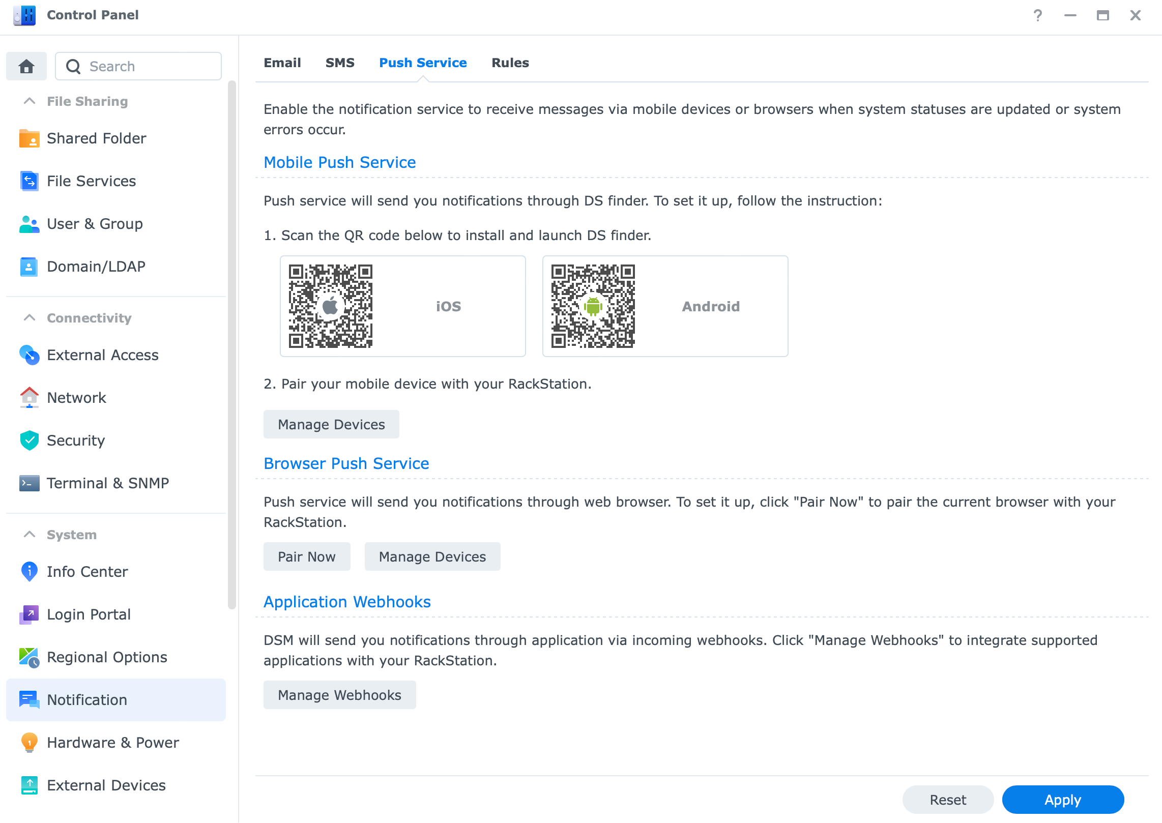 DSM push notifications with webhooks